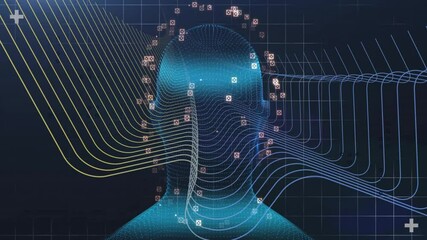 Poster - tech interface showing dotted head outline on dark grid with colored data lines, gear icons, pluses