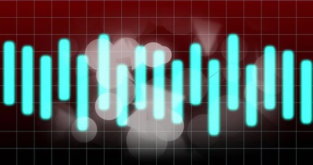 Poster - Vertical turquoise equalizer bars moving across grid overlay above red-to-black bokeh background