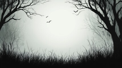 Poster - Misty Grayscale Landscape with Leafless Trees