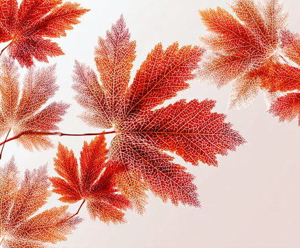 Artistic vibrant skeleton leaves on red white background. Detailed organic structure of translucent maple leaf vein pattern, autumn decoration.