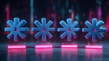 Fototapete - Futuristic neon symbols glowing on a reflective surface with vibrant light effects in a digital setting