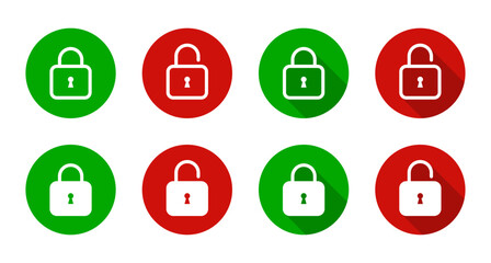 Fototapete - Lock and unlock icon set with long shadow. Security padlock sign. Safe, privacy protection symbol