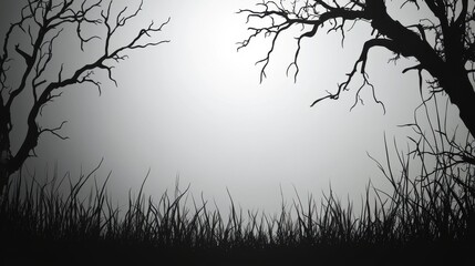 Poster - Silhouette of Bare Trees and Grass Against a Gray Sky