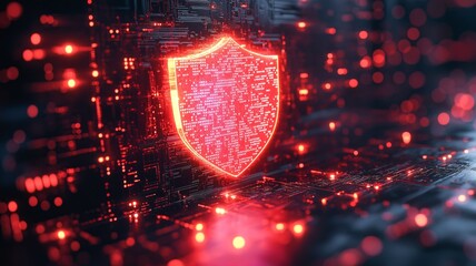 Leinwandbilder - Glowing red shield among intricate circuitry signifies digital security and protection themes.