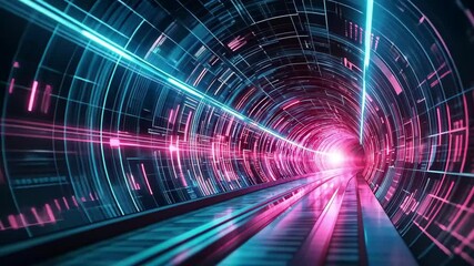 Poster - glowing digital tunnel with blue and pink lights showcasing futuristic design and depth perception, 