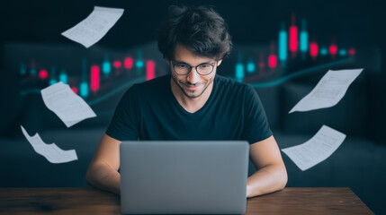 Aufkleber - focused analysis: a focused man at his laptop, surrounded by floating documents and a data visualiza