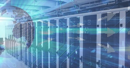Poster - Server cabinets lining corridor being animated in 3D art with binary hologram and circuit overlays