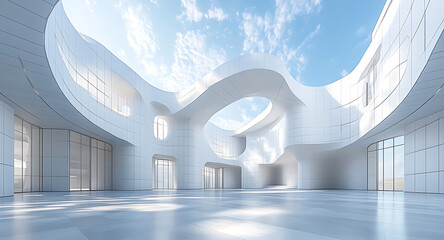 Poster - Abstract white architecture interior with smooth curves and sunny sky views minimalist design modern structure with natural light and open space unique architectural perspective