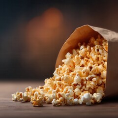 Poster - Buttery popcorn spills from a crumpled brown paper bag, offering a tempting treat for movie nights or casual snacking indulgence.