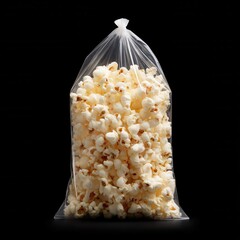 Poster - Bag of popcorn: A large clear plastic bag filled to the top with delicious, puffy popcorn against a stark black backdrop. Tasty snack.