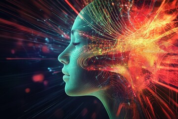 Fototapete - A woman's profile with abstract glowing lines representing brain activity and digital connections