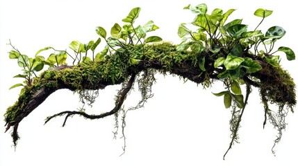  A vibrant green tropical jungle tree branch adorned with moss.