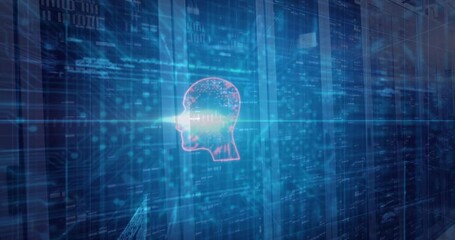 Poster - Glowing red head silhouette floating through code panels, projecting light beam and bright nodes