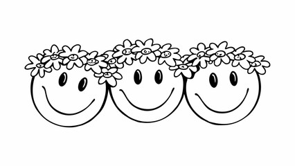 Poster - Three smiling faces adorned with flower crowns in a black and white illustration style image look happy created with generated ai