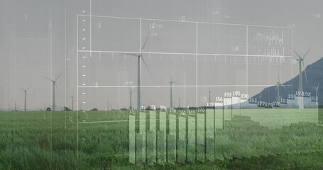 Poster - Flat design showing wind turbine data being animated over field, with grid lines and bar charts