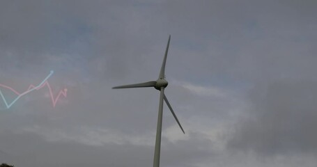 Poster - Wind turbine tower spinning while colored line graph data climbing in animated 3D render