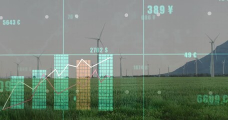 Poster - Bar and line graph overlay being visualized over grass field with turbines, showing currency trends