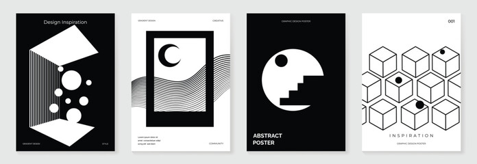 Poster - Abstract monochrome poster background vector set. Modern cover template with black and white perspective geometric prism shape, halftone dot, line. Ideal design for social media, banner, ads.