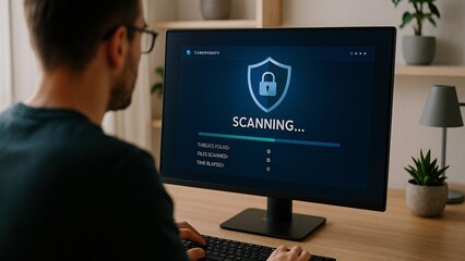 programmer is using antivirus software, running cyber security scan on desktop computer to protect d