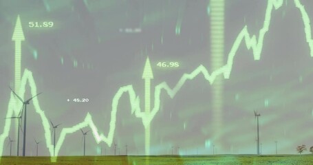 Poster - Green ascending line graph climbing over wind turbines, featuring upward arrows and 50