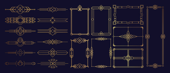 Aufkleber - Collection of geometric art deco ornament. Luxury golden decorative elements with different lines, frames, headers, dividers and borders. Set of elegant design suitable for card, invitation, poster.