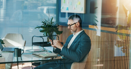Poster - Corporate, research and mature man with smartphone, office and online for financial growth in company. Digital, sales manager and competitive analysis on website in business, browsing and planning