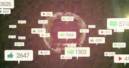 Poster - Wireframe network sphere pulsing in grid space, featuring floating thumbs-up, play, comment icons
