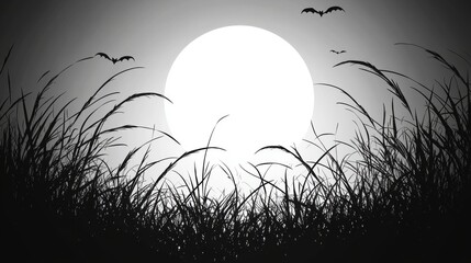 Poster - Grayscale Moonlit Landscape with Silhouetted Grass and Flying Birds