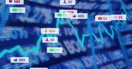 Poster - Notification pop-ups floating along turquoise line chart in financial dashboard, flat design icons