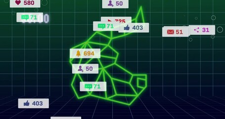 Poster - Neon green polygonal network floating over gradient grid, displaying white social media icon boxes