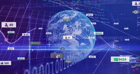 Poster - 3D Earth globe floating at center of network interface, showing grid lines, icons, code streams