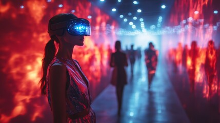 Poster - In a futuristic space, individuals use virtual reality headsets while navigating immersive environments filled with vivid holograms and dynamic colors, exploring new identities and experiences.