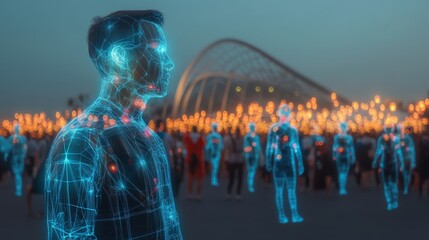 Poster - Individuals gather in a futuristic cityscape, surrounded by holographic avatars representing their identities. The atmosphere is filled with excitement and innovation as technology shapes life.