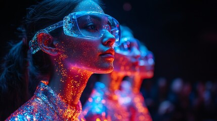 Poster - Individuals engage in a futuristic setting enhanced by vibrant holograms and AI technology, reflecting the intersection of identity, cyberspace, and virtual life.