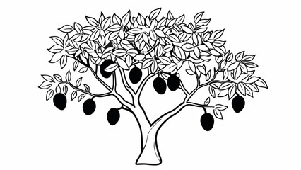 Poster - Illustration of a tree with many leaves and fruits in black and white outline drawing style art created with generated ai