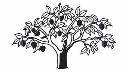 Poster - Illustration of a stylized tree with leaves and fruit in black outline on a white background design art created with generated ai