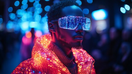 Poster - A figure stands still in a radiant setting, wearing illuminated glasses and a glowing jacket.