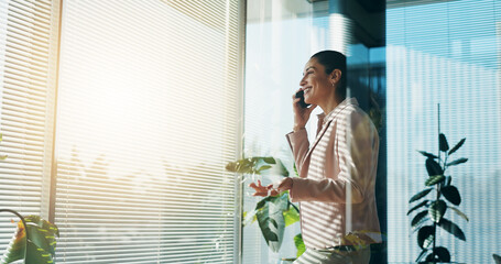 Poster - Office, window and businesswoman with phone call for talking, negotiation and finance deal for agency. Workplace, person and financial consultant with mobile for communication or investment feedback
