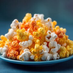 Aufkleber - Colorful popcorn pile: a mix of white, yellow, and orange kernels stacked on a blue plate, perfect for snacking.