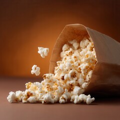 Fototapete - Popcorn spills out of a brown paper bag, some pieces hover above the surface. The background is solid brown.