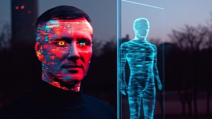Poster - A digital hologram representing a virtual avatar interacts with a person in a futuristic setting, emphasizing themes of identity and the intersection of technology and humanity.