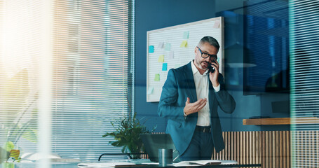 Aufkleber - Phone call, serious and mature man in office, accountant or talking to contact for tax or discussion. Business, auditor and person with mobile for communication, financial or conversation for funding