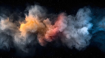 cosmic nebula with orange red blue and grey clouds in dark space