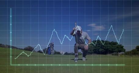 Poster - Mature male golfer kneeling aligning putter over golf ball on green, overlaying sports data charts