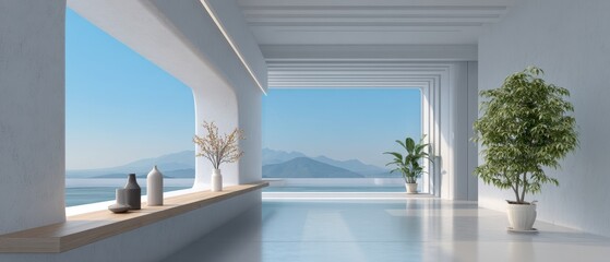 Poster - Bright, modern interior with large windows offering a panoramic view of mountains and clear blue sky, accented by plants and minimal decor.