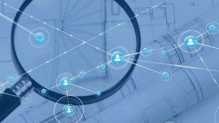 Poster - Floating user and chat icons connecting via glowing lines over blueprint, magnifying glass hovering