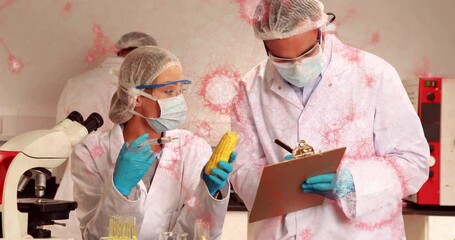 Poster - Scientists injecting corn cob with syringe and noting clipboard in lab with virus graphics