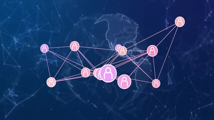 Poster - Digital network showing pink and purple user icons connecting over dotted globe outline