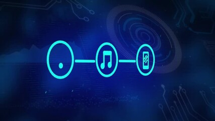 Poster - Digital audio flow being animated on blue interface with bars linking three glowing cyan icons