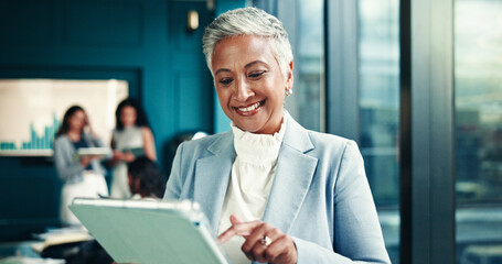 Poster - Tablet, office and mature business woman online for financial research, investment or reading email for analysis. Digital technology, app and happy manager check report for profit, stats or coworking